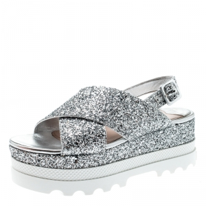 Miu Miu Metallic Silver Coarse Glitter Crisscross Platform Slingback Sandals Size 38.5