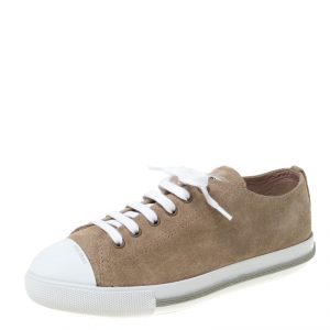Miu Miu Beige/White Suede Cap Toe Low Top Sneakers Size 38.5