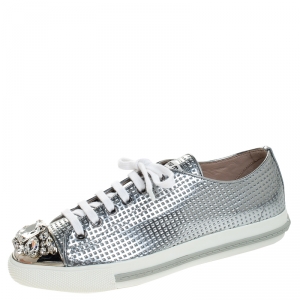 Miu Miu Metallic Silver Perforated Leather Crystal Embellished Lace Up Sneakers Size 36.5