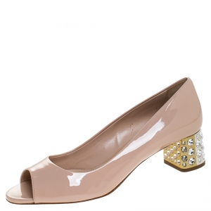 Miu Miu Beige Patent Leather Peep Toe Embellished Block Heel Pumps Size 37