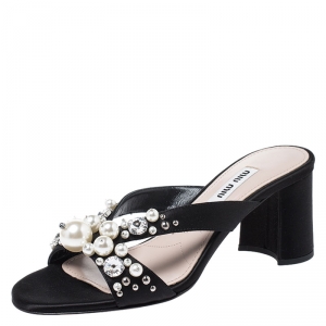 Miu Miu Black Crystal And Pearl Embellished Satin Slide Sandals Size 35