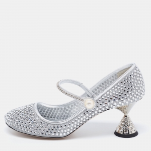 مملوكة مسبقًا Miu Miu Silver Mesh And Leather Embellished Mary Jane Pumps  Size 40
