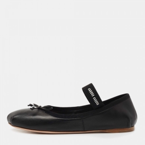 Pre Owned Miu Miu Black Leather Mary Jane Bow Ballet Flats Size 37.5