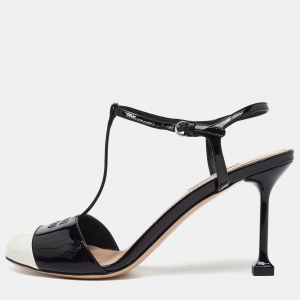 Miu Miu Black/White Patent Leather Ankle Strap Sandals Size 38.5