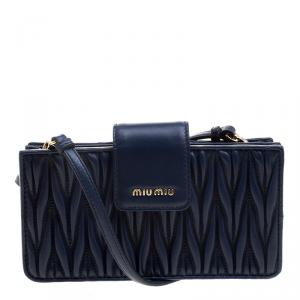 Miu Miu Navy Blue Matelasse Leather Phone Bag