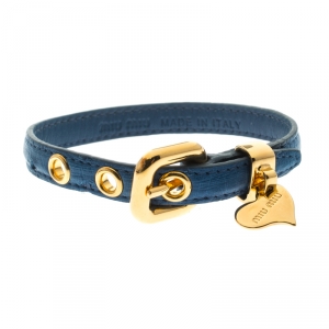 Miu Miu Blue Leather Gold Tone Heart Charm Bracelet 