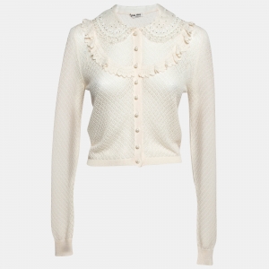 Miu Miu Cream Embellished Collar Crochet Cardigan S