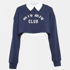 Miu Miu Navy Blue Logo Embellished Knit Layered Crop Sweatshirt XS