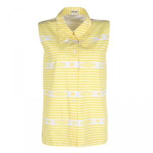Miu Miu Yellow and White Striped Aztec Print  Sleeveless Cotton Shirt M