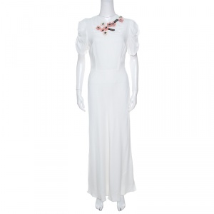 Miu Miu White Floral Embellished Neck Ruched Sleeve Dress S