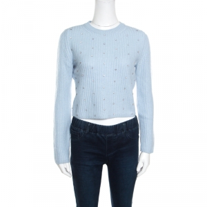 Miu Miu Powder Blue Crystal Embellished Cropped Cashmere Sweater M