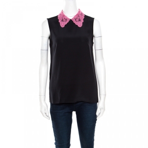 Miu Miu Black Silk Contrast Lace Collar Sleeveless Boxy Blouse S