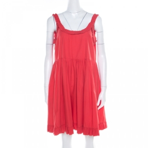 Miu Miu Red Cotton Ruffle Trim Sleeveless Gathered Dress M