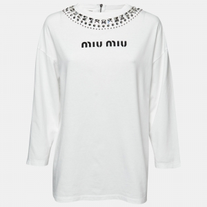 Miu Miu White Jersey Embellished Collar Logo Print Long-Sleeve T-Shirt M