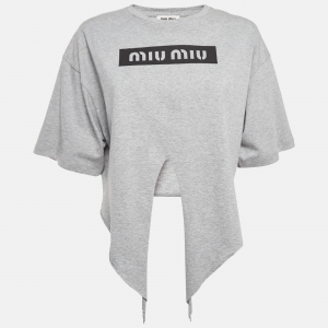 Miu Miu Grey Logo Print Cotton Knotted Crop Top M
