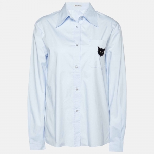 Miu Miu Blue Cotton Cat Appliqued Long Sleeve Shirt S
