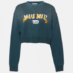 Miu Miu Green Logo Print Cotton Cropped Sweatshirt S