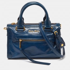 Miu Miu Blue Vitello Shine Leather Front Zip Satchel