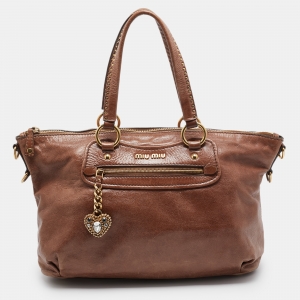 Pre Owned Miu Miu Brown Leather Studded Heart Charm Tote