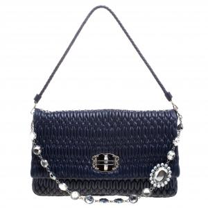 Miu Miu Navy Blue Matelassé Leather Crystal Flap Shoulder Bag