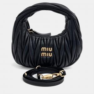 Miu Miu Black Leather Wander Matrasse Hobo Mini Bag