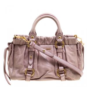 Miu Miu Beige Glazed Leather Small Luxe Ruched Top Handle Bag