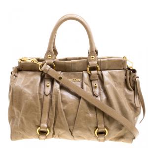 Miu Miu Fatigue Green Vitello Lux Leather Gathered Tote