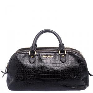 Miu Miu Dark Brown Glazed Croc Embossed Leather St. Cocco Satchel 