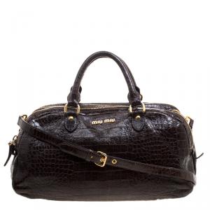 Miu Miu Brown Croc Embossed Leather Triple Zip Satchel