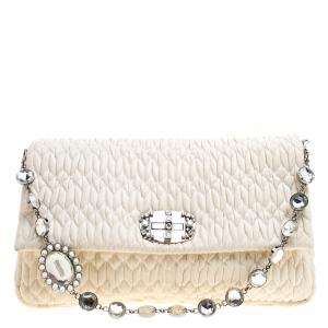 Miu Miu Cream Matelassé Leather Crystal Flap Shoulder Bag