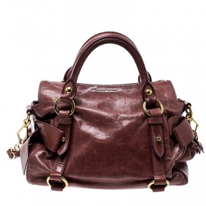 Miu Miu Burgundy Vitello Lux Leather Bow Top Handle Bag