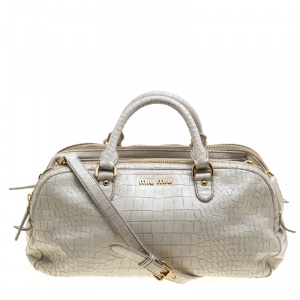 Miu Miu White Croc Embossed Patent Leather Bowling Bag