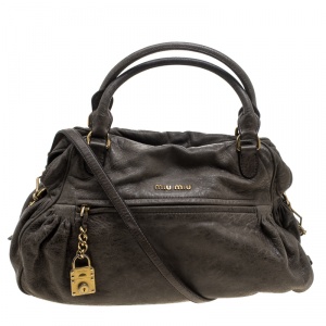 Miu Miu Khaki Distressed Leather Charm Satchel