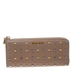 Miu Miu Beige Leather Studded Zip Wallet
