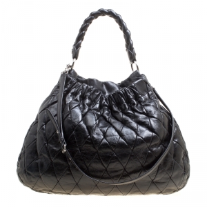 Miu Miu Black Glazed Quilted Leather Large Harlequin Hobo