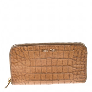Miu Miu Brown Croc Embossed Leather Zip Around Wallet
