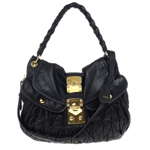 Pre Owned Miu Miu Black Coffer Matelasse Leather Hobo