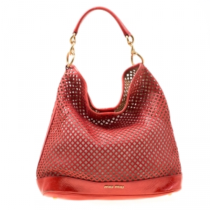 Miu Miu Red Perforated Leather Top Handle Bag
