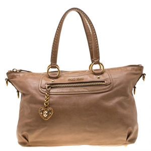 Miu Miu Beige Leather Studded Heart Charm Top Handle Bag