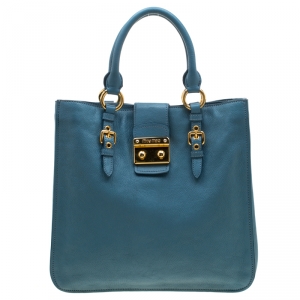 Miu Miu Blue Leather Large Madras Tote 