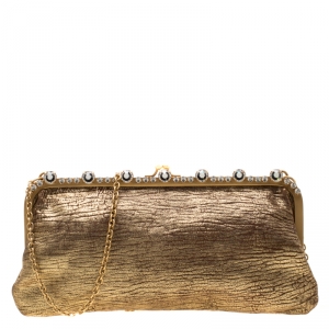 Miu Miu Gold Crystal Leather Chain Clutch Bag