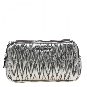 Miu Miu Silver Matelasse Leather Double Zip Crossbody Bag
