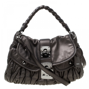 Miu Miu Dark Grey Matelasse Leather Coffer Hobo 