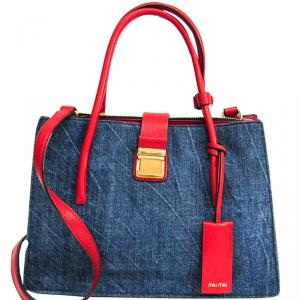 Miu Miu Navy Blue/Red Denim Leather Shoulder Bag