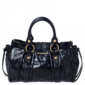 Miu Miu Black Glazed Leather Luxe Ruched Tote