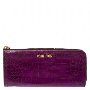 Miu Miu Purple Crocodile Embossed Leather Zip around Wallet