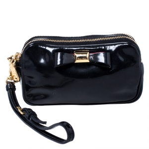 Miu Miu Black Patent Leather Bow Double Zip Wristlet Pouch