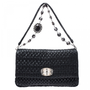 Miu Miu Black Matelasse Nappa Leather Crystal Shoulder Bag