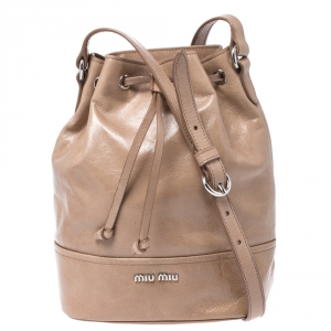 Miu MIu Cammeo Beige Leather Drawstring Bucket Bag