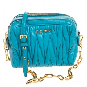 Miu Miu Turquoise Matelasse Leather Double Zip Camera Crossbody Bag